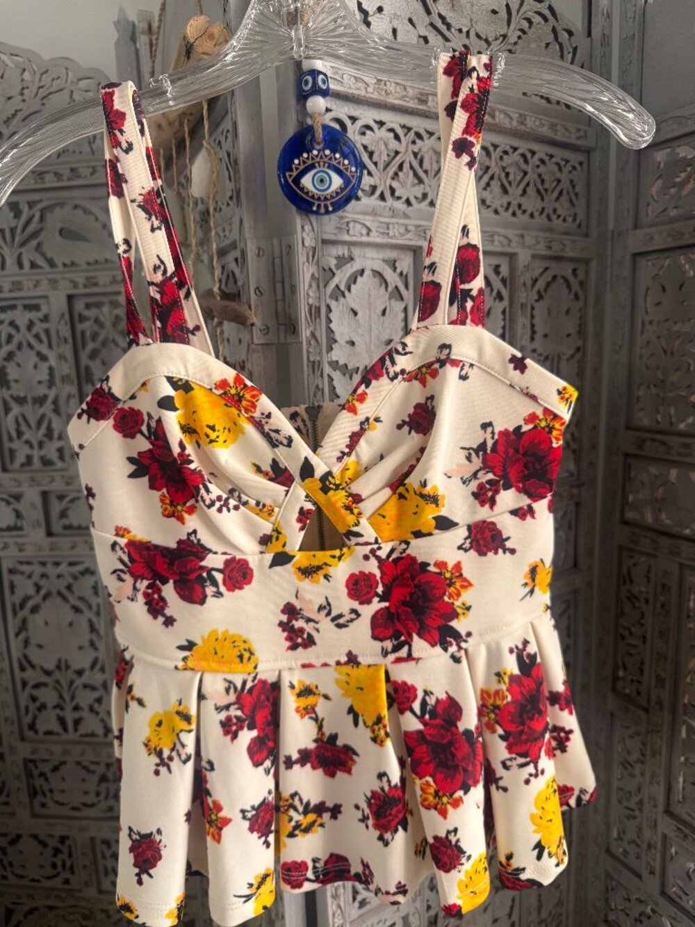 Material Girl Peplum top with red & yellow roses